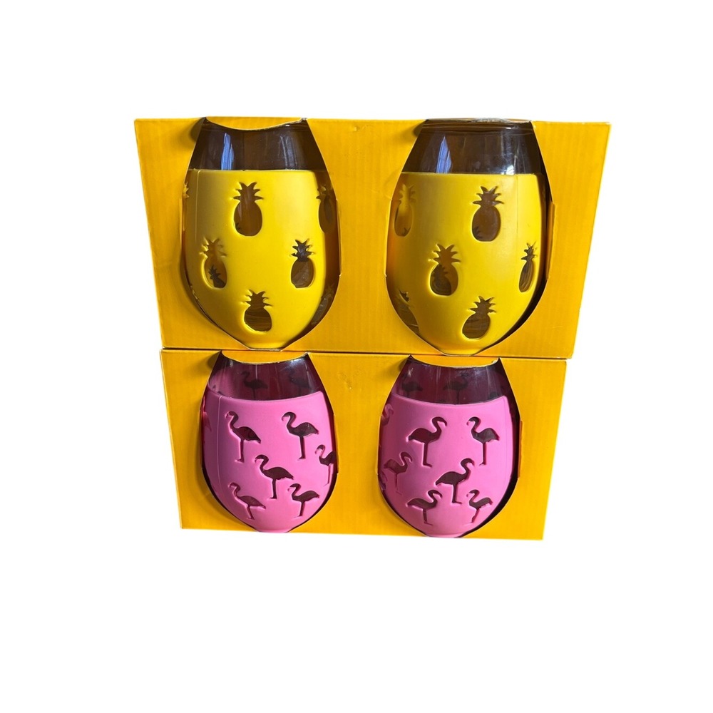 Celebrate Together Pink Flamingo & Yellow Pineapple Stemless Wine Glasses 4 NIP